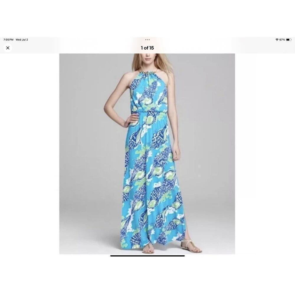 Lilly Pulitzer Sound the Horn Jersey Halter Maxi Dress Blue Green Shell Medium